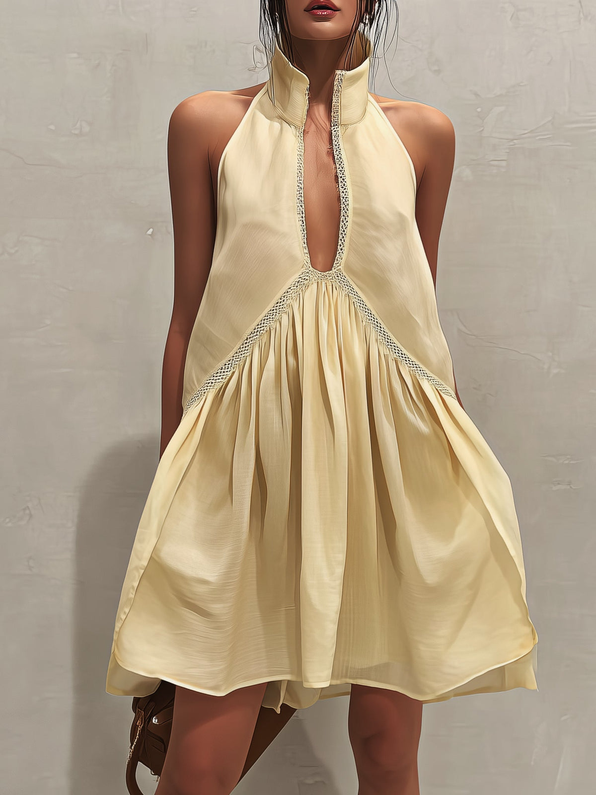 Yellow Sleeveless Mini Dress with Deep V-Neck and Lace Details