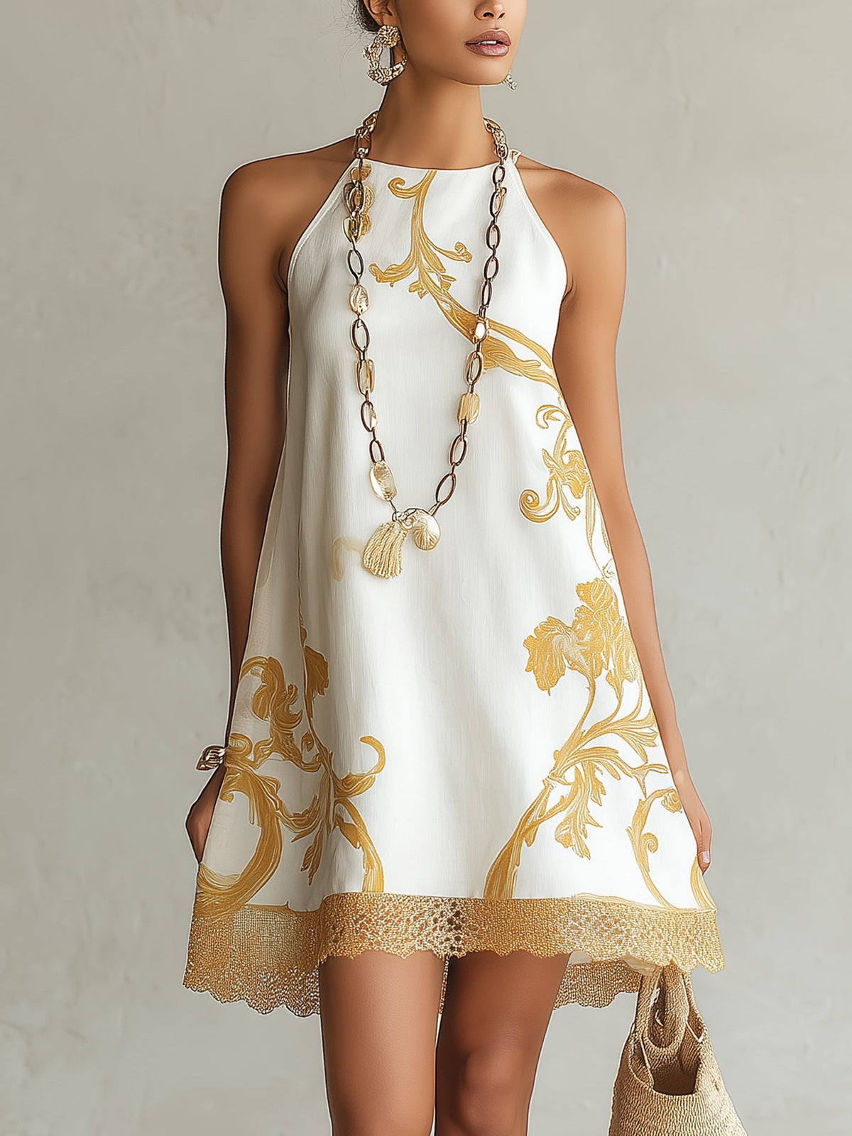 Mini Dress in White Gold Printed Lace