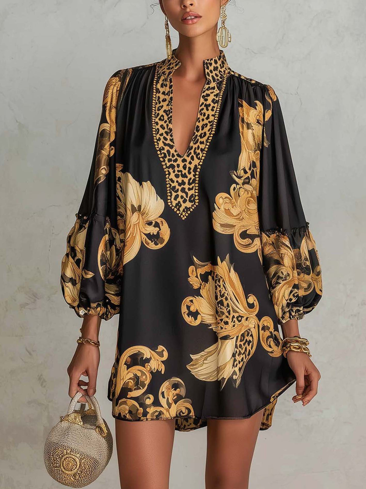 Mini V-Neck Baroque Retro Black Dress