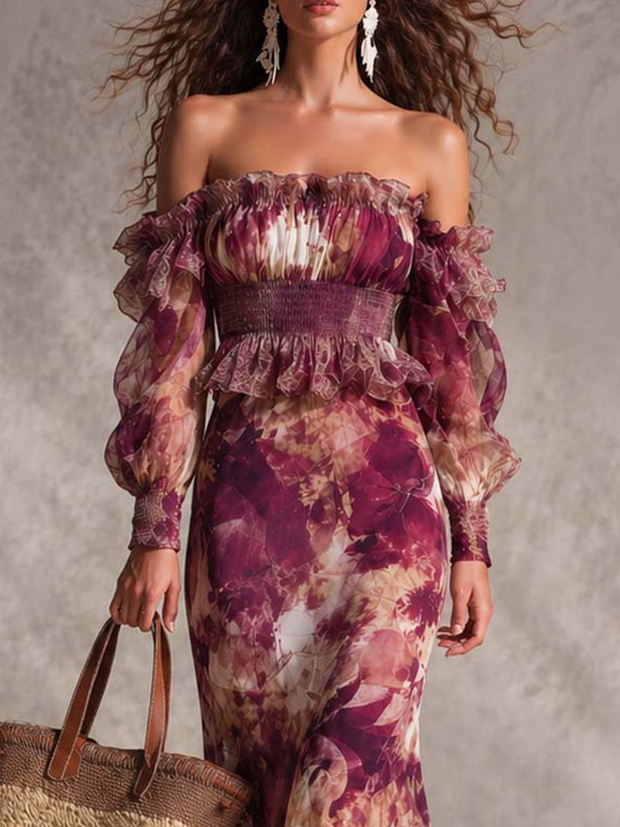 Maxi Dress in Blush Pink Chiffon with Flowers Off-Shoulder