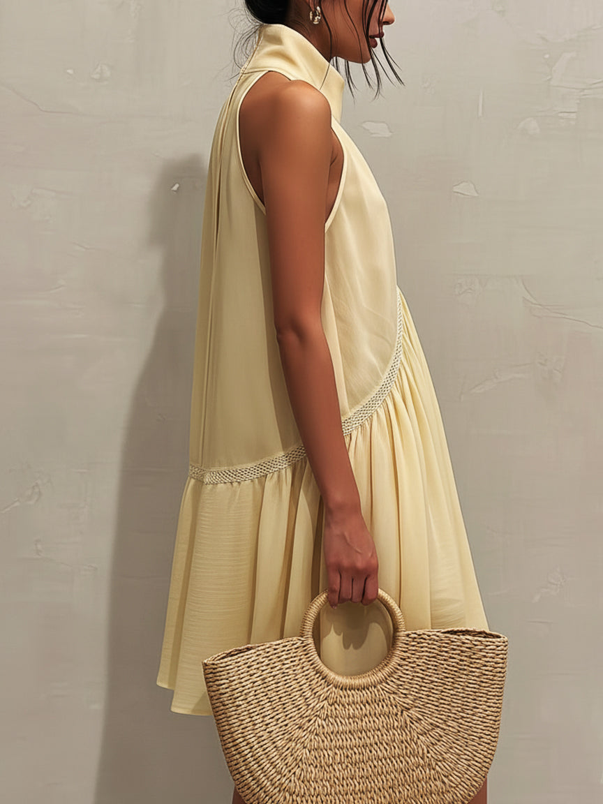 Yellow Sleeveless Mini Dress with Deep V-Neck and Lace Details