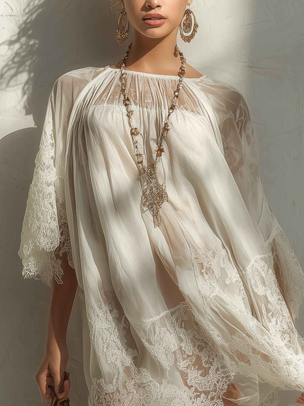 Mini Chiffon Dress with White Lace Panels
