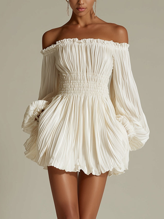 Ruffled mini dress with off-shoulder and smocked waist in white