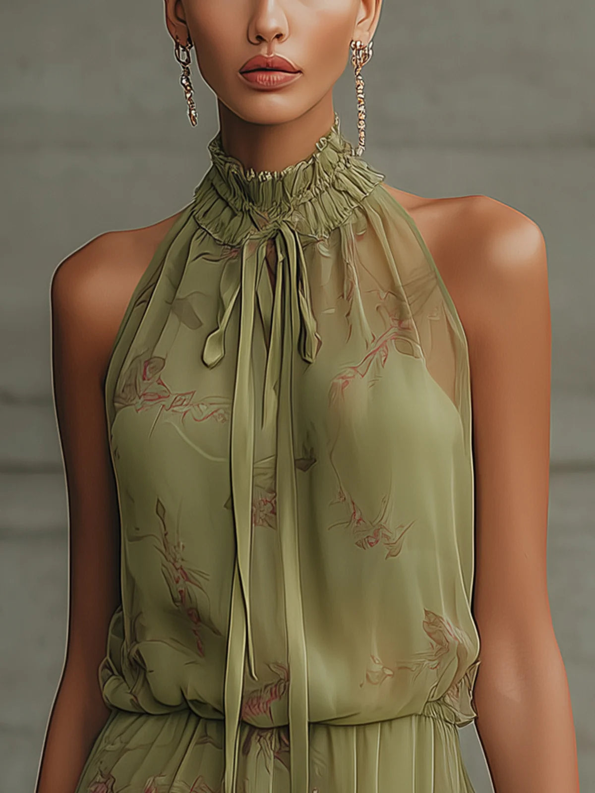 Mini Chiffon Dress with Green Ribbon Waist