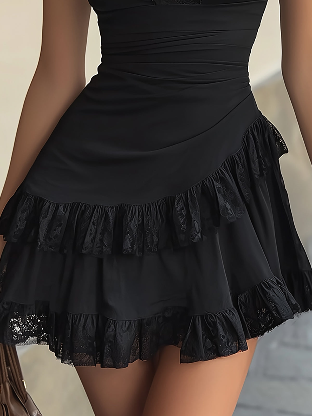 Mini Dress with Black Lace Ruffles and V-Neck