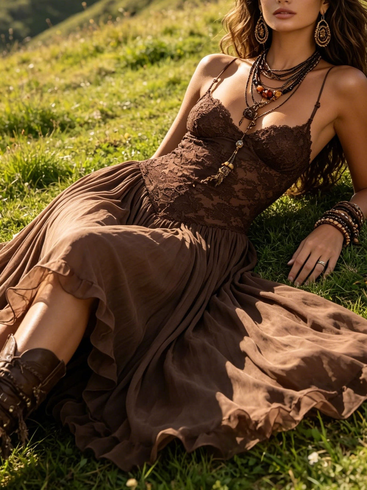 Rosalind Brown Lace Maxi Dress
