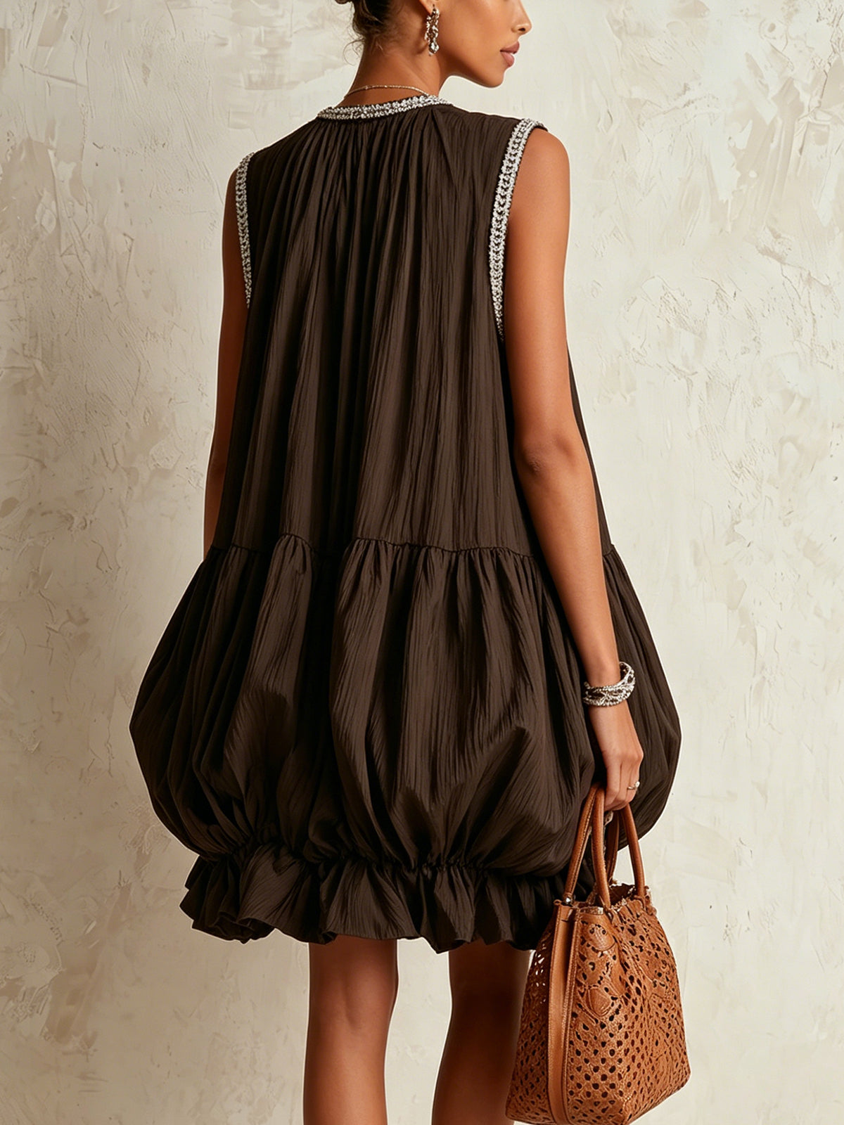 Brown Sleeveless Mini Dress with Bubble Hem