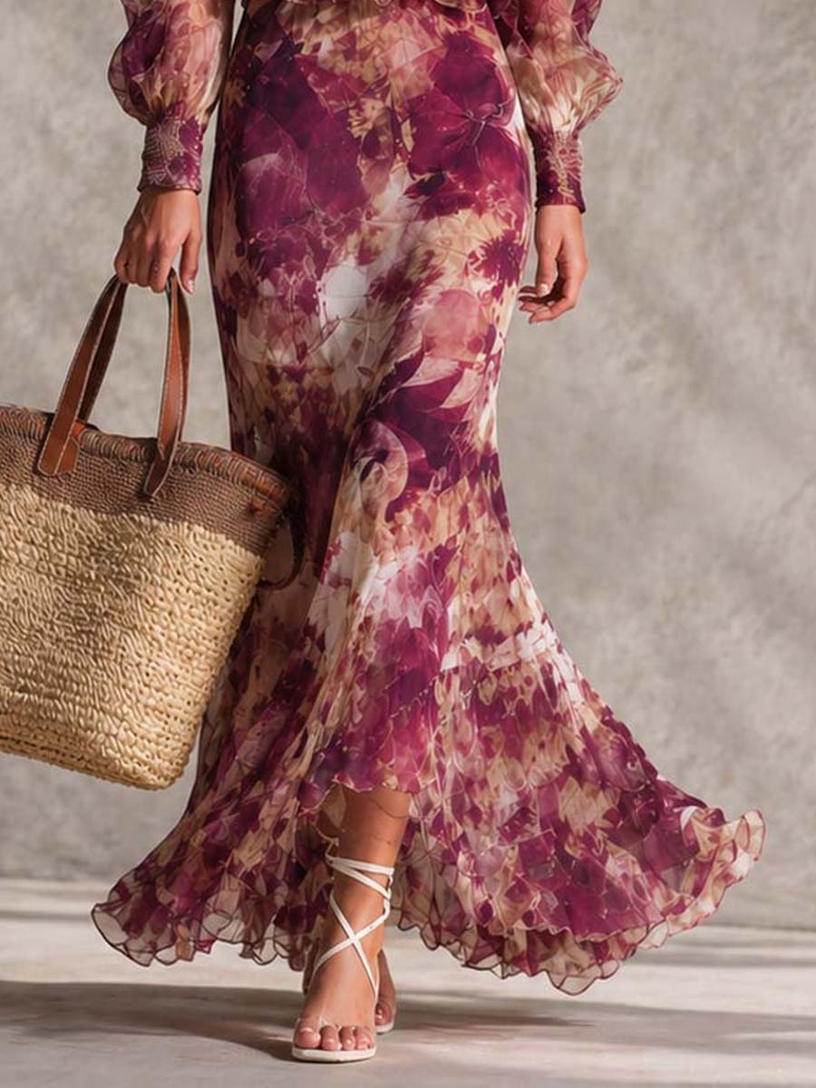 Maxi Dress in Blush Pink Chiffon with Flowers Off-Shoulder