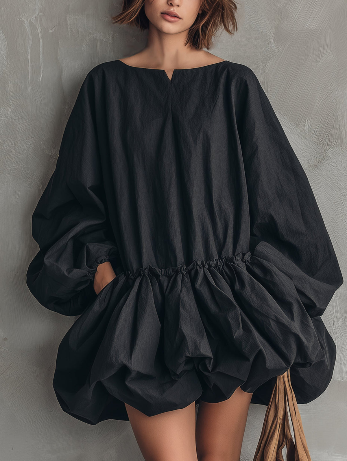 Long Sleeve Mini Dress with Round Neck and Ruffled Hem