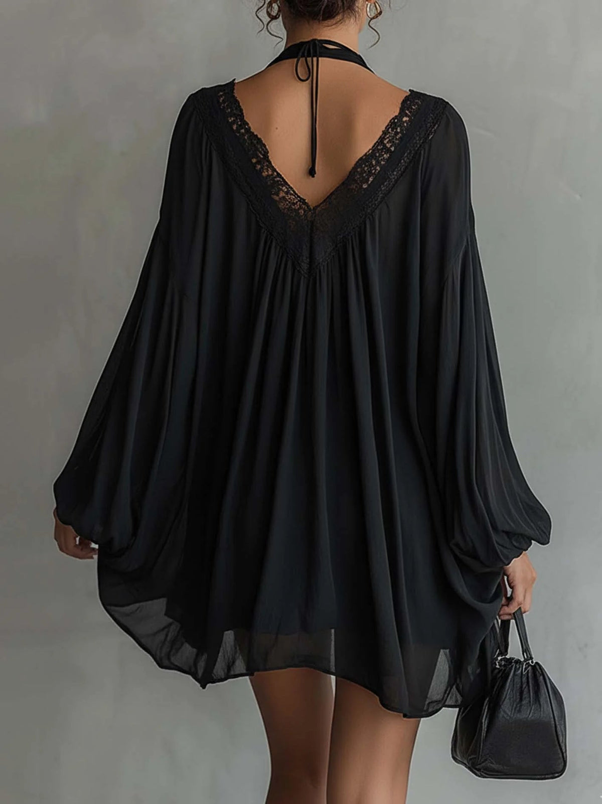 Black Chiffon Mini Halter Dress with Lace Neckline