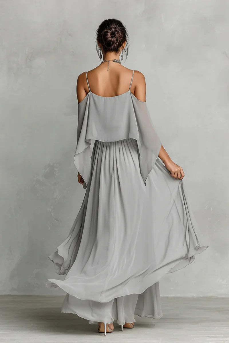 Grey Chiffon Cold-Shoulder Two-Piece Set