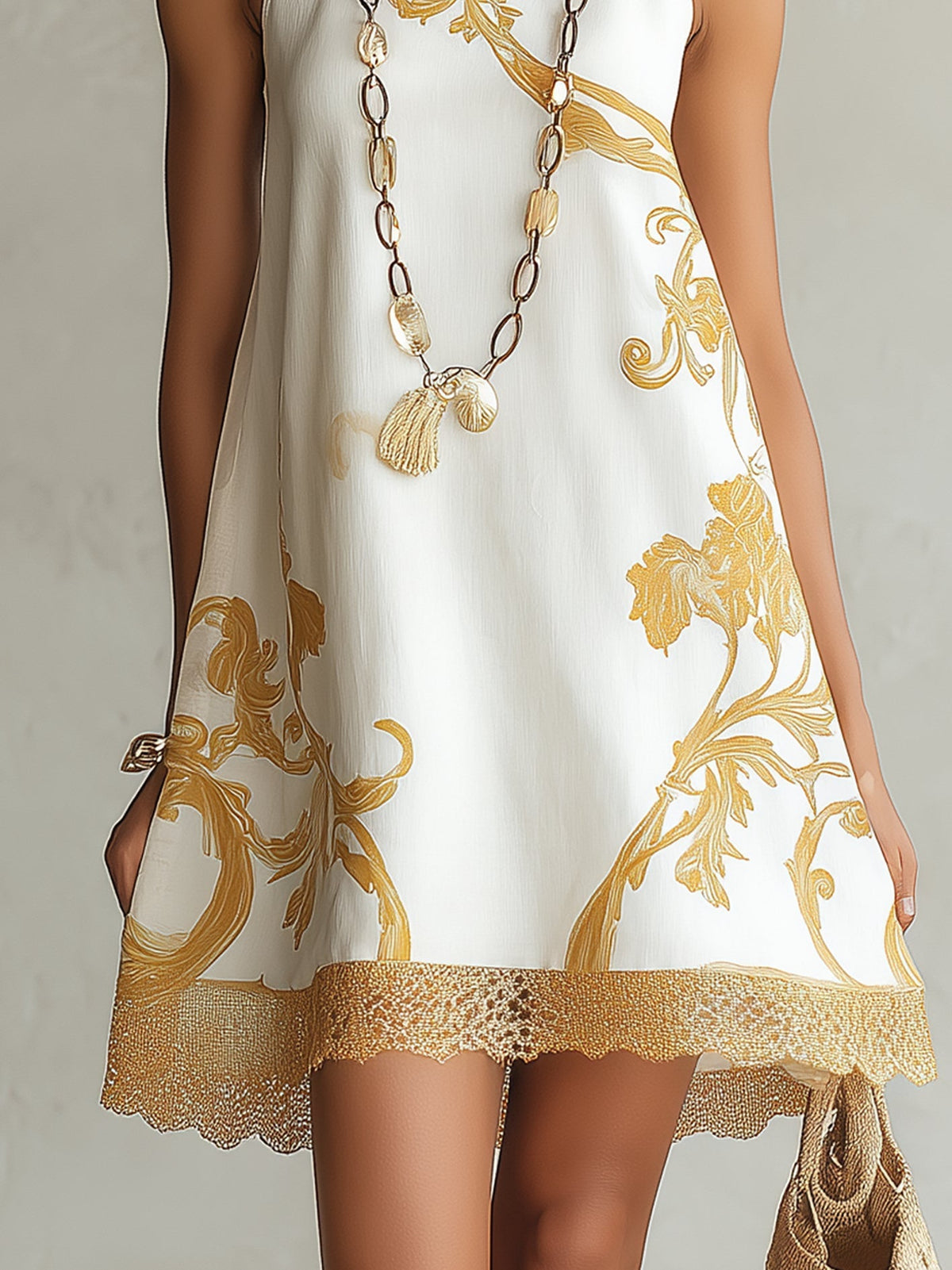 Mini Dress in White Gold Printed Lace