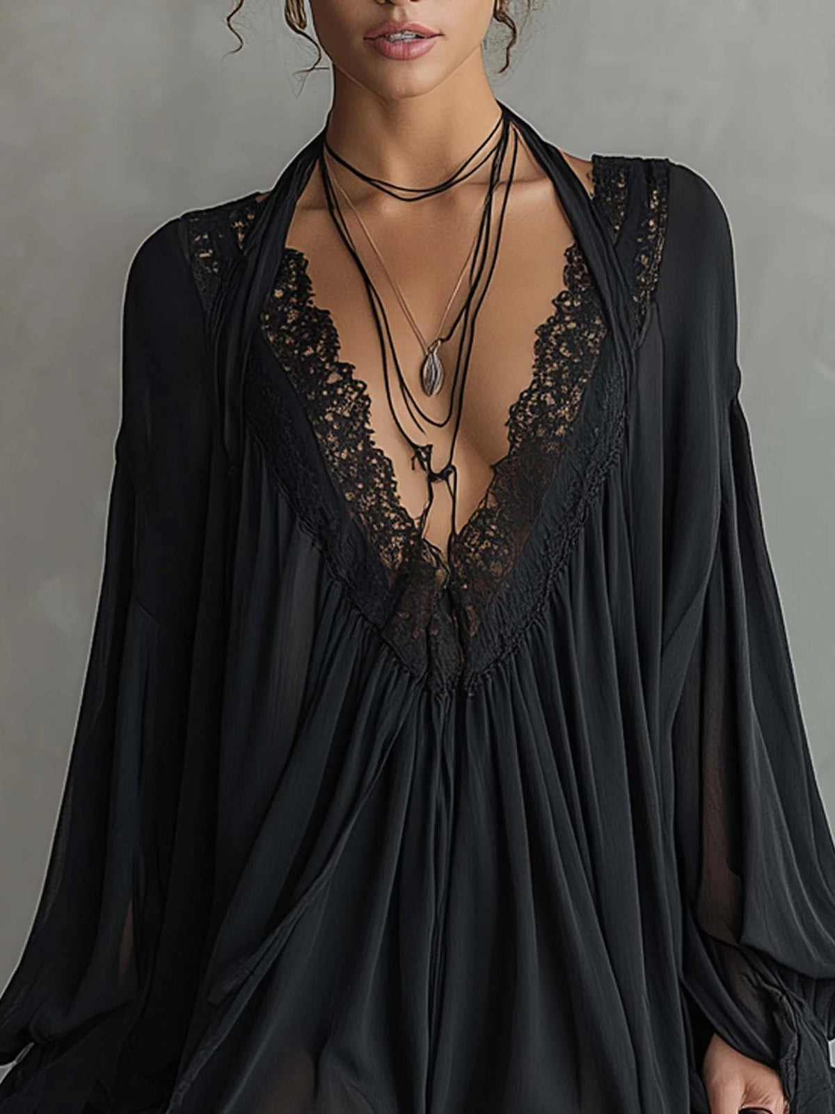 Black Chiffon Mini Halter Dress with Lace Neckline