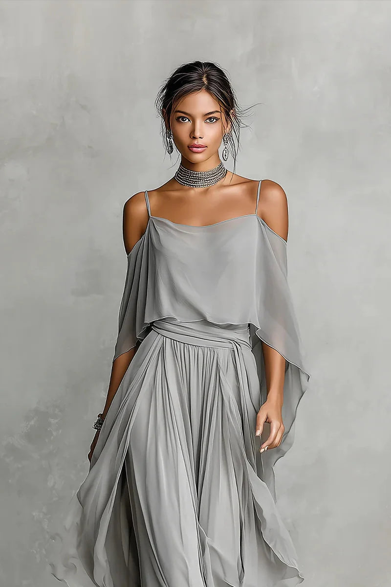 Grey Chiffon Cold-Shoulder Two-Piece Set