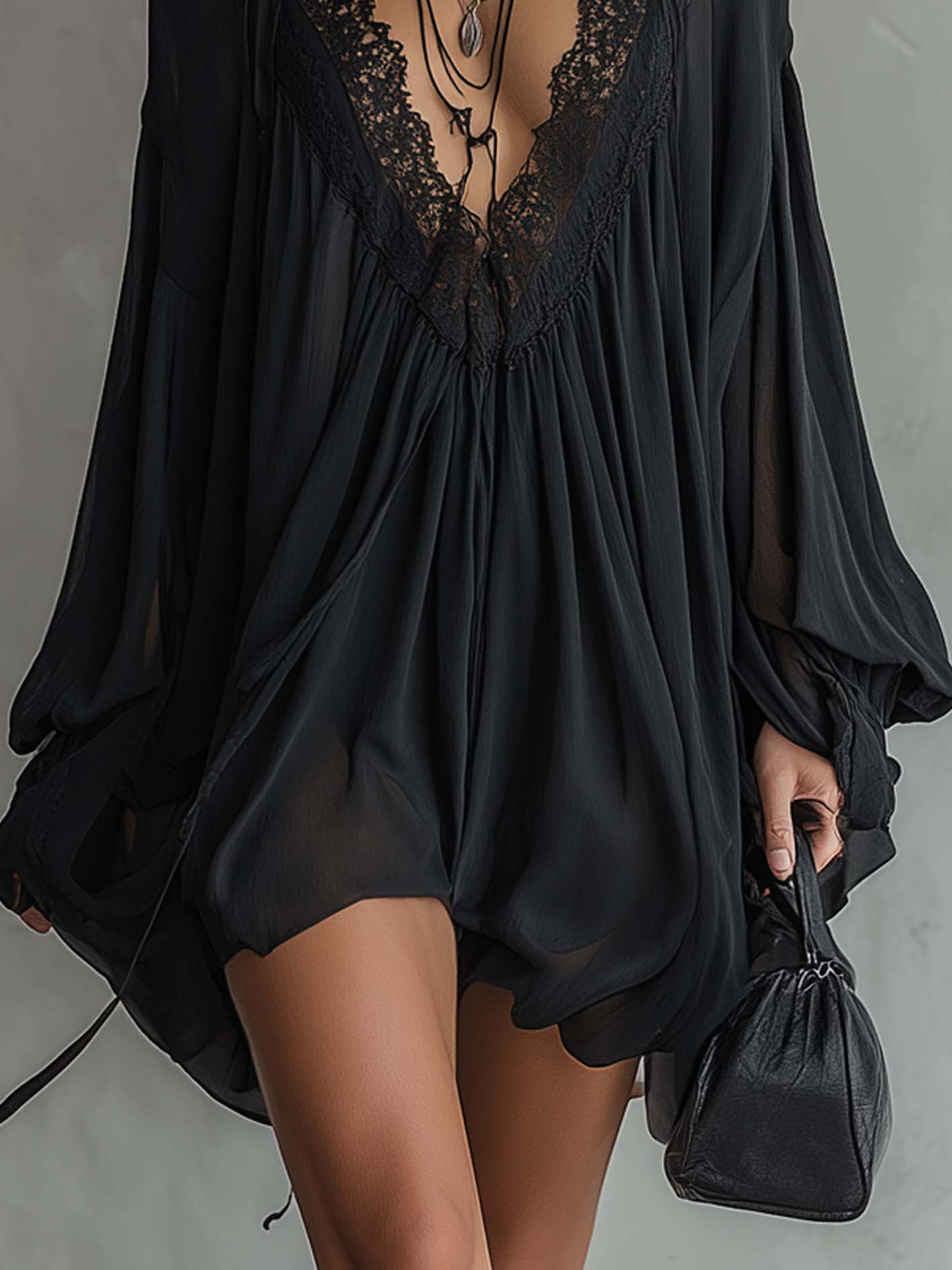 Black Chiffon Mini Halter Dress with Lace Neckline
