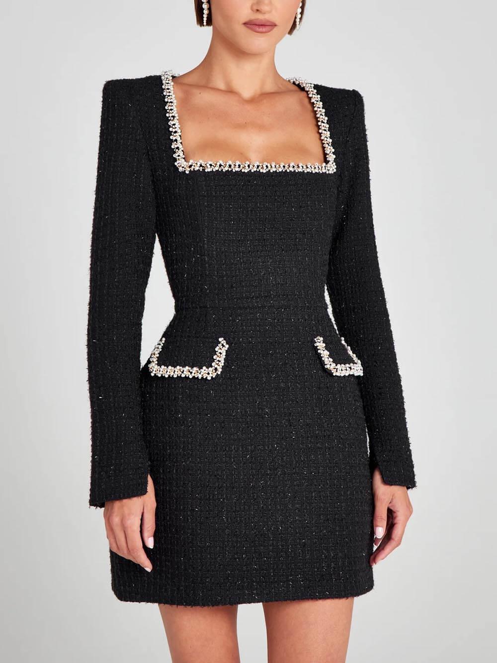 Mini Dress with Pockets and Pearl Trim, Elegant and Playful