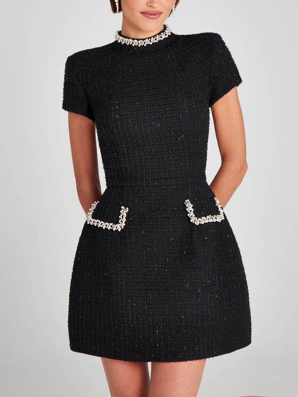 Mini Dress with Pockets and Pearl Trim, Elegant and Playful