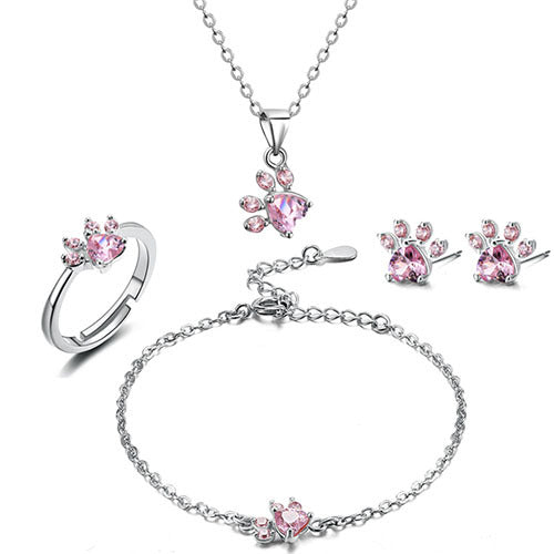 Rose Gold Paw Jewelry Set – 4 Pieces with Zirconia Heart (Ring, Necklace, Earrings, Bracelet)