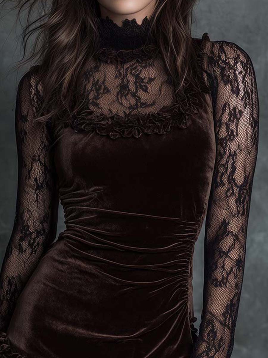 Chocolate Goth Pleated Mini Dress in Velvety Lace