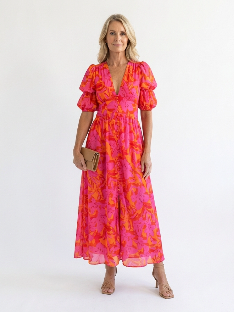 Hayes & Tate™ | Floral V Neck Puff Sleeve Midi Dress