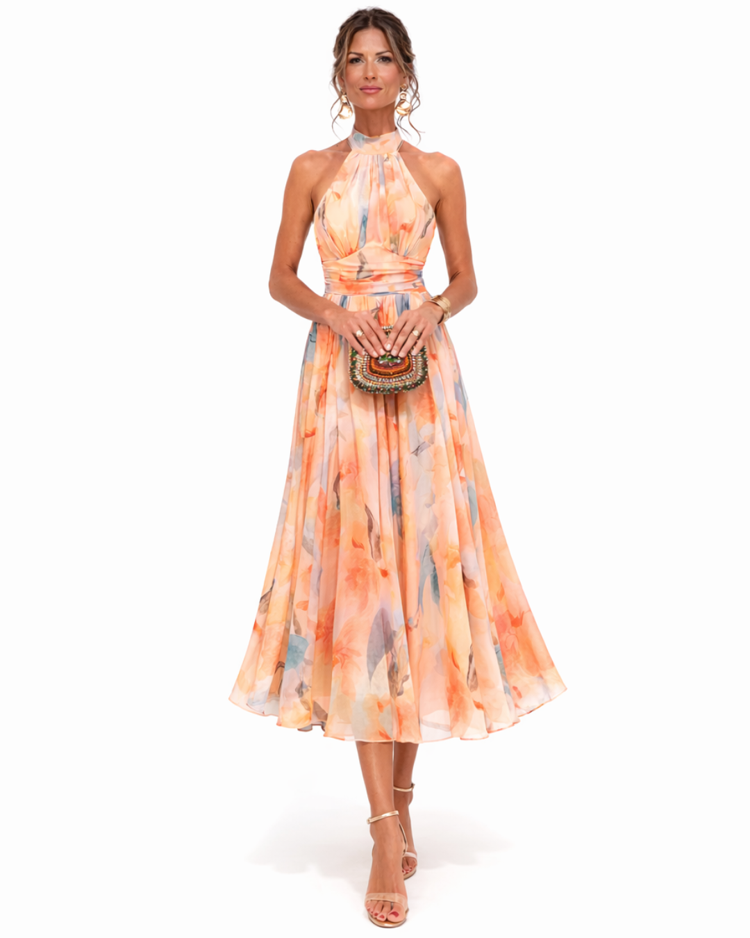 Celeste | Halter Neck Dress with Watercolor Print