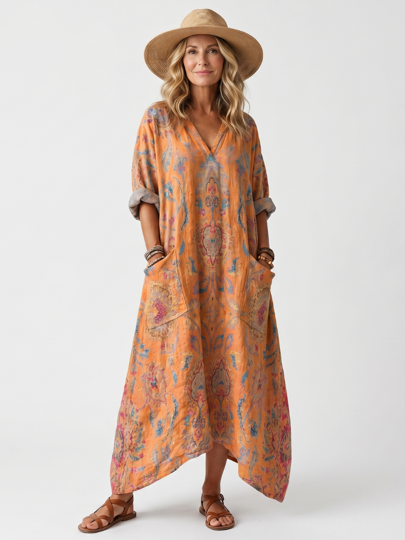 Zara | Notch Neck Printed Oversized Pocket Midi Dress