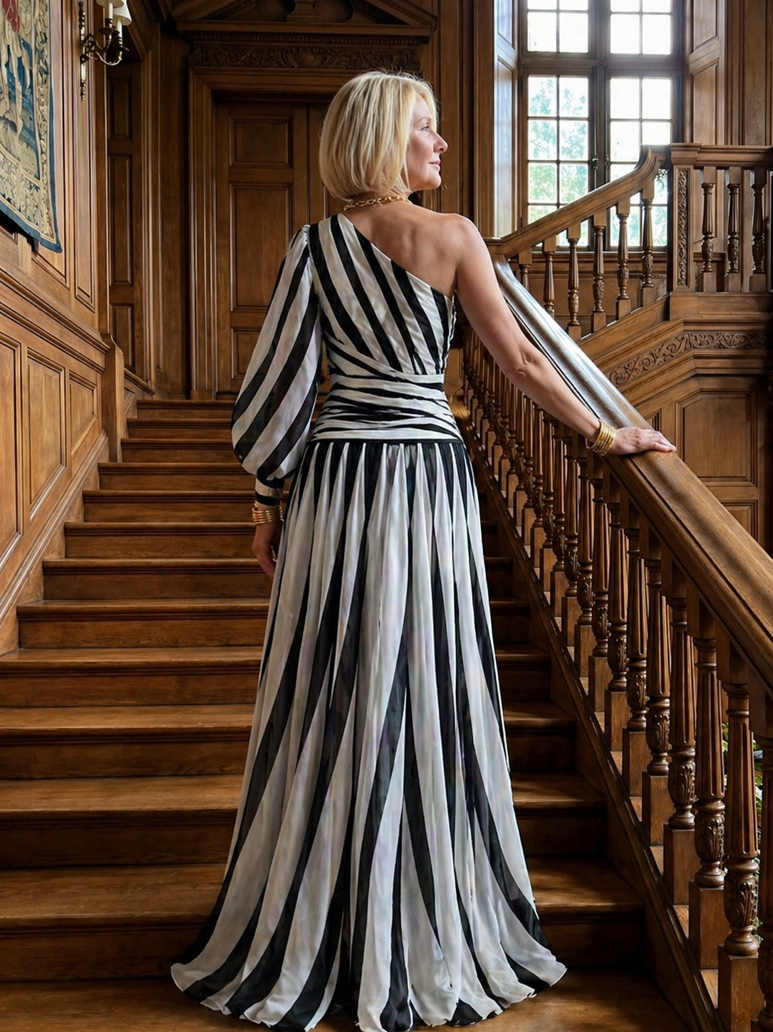 Hayes & Tate™ | Elegant Striped Maxi Dress with One Shoulder