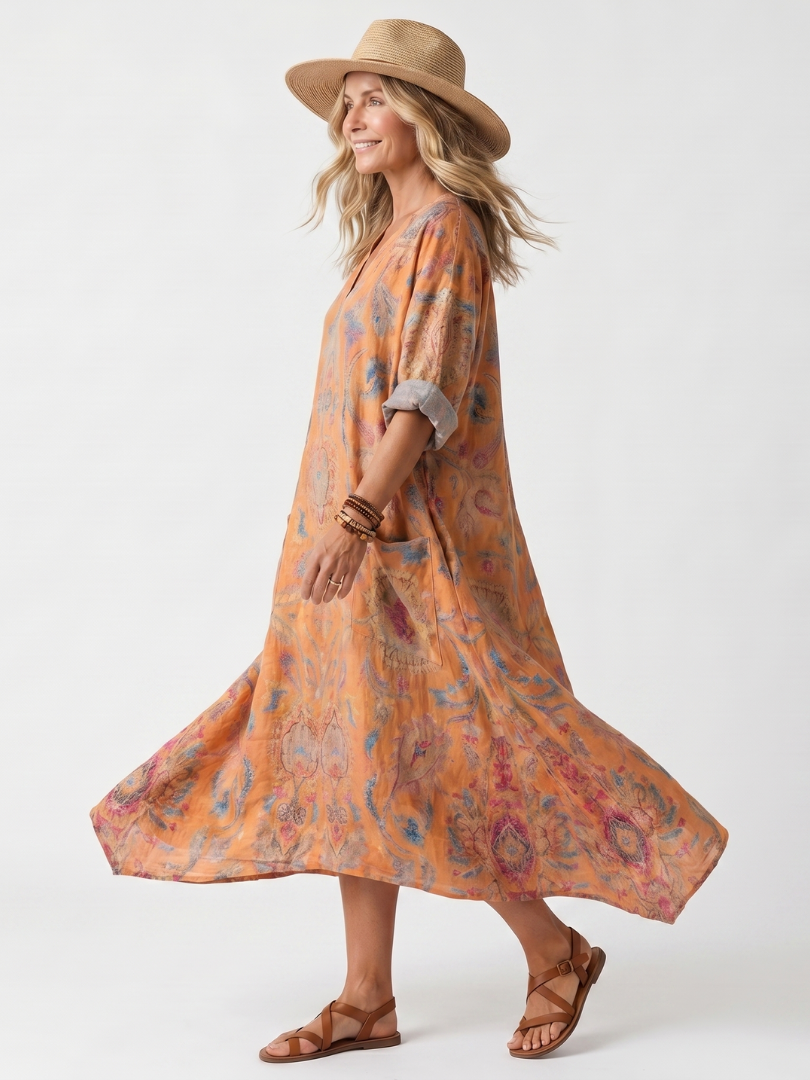Zara | Notch Neck Printed Oversized Pocket Midi Dress