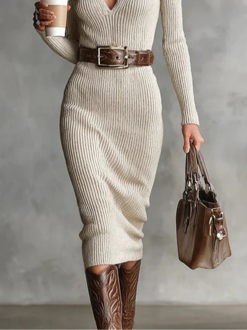 Ammina | Ribbed Knit V-Neck Belted Midi Dress for Women