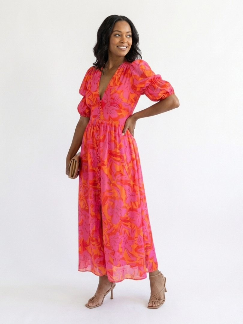 Hayes & Tate™ | Floral V Neck Puff Sleeve Midi Dress