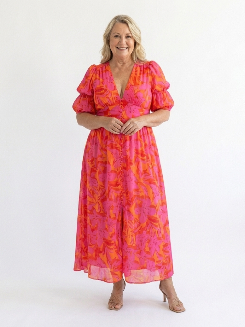 Hayes & Tate™ | Floral V Neck Puff Sleeve Midi Dress