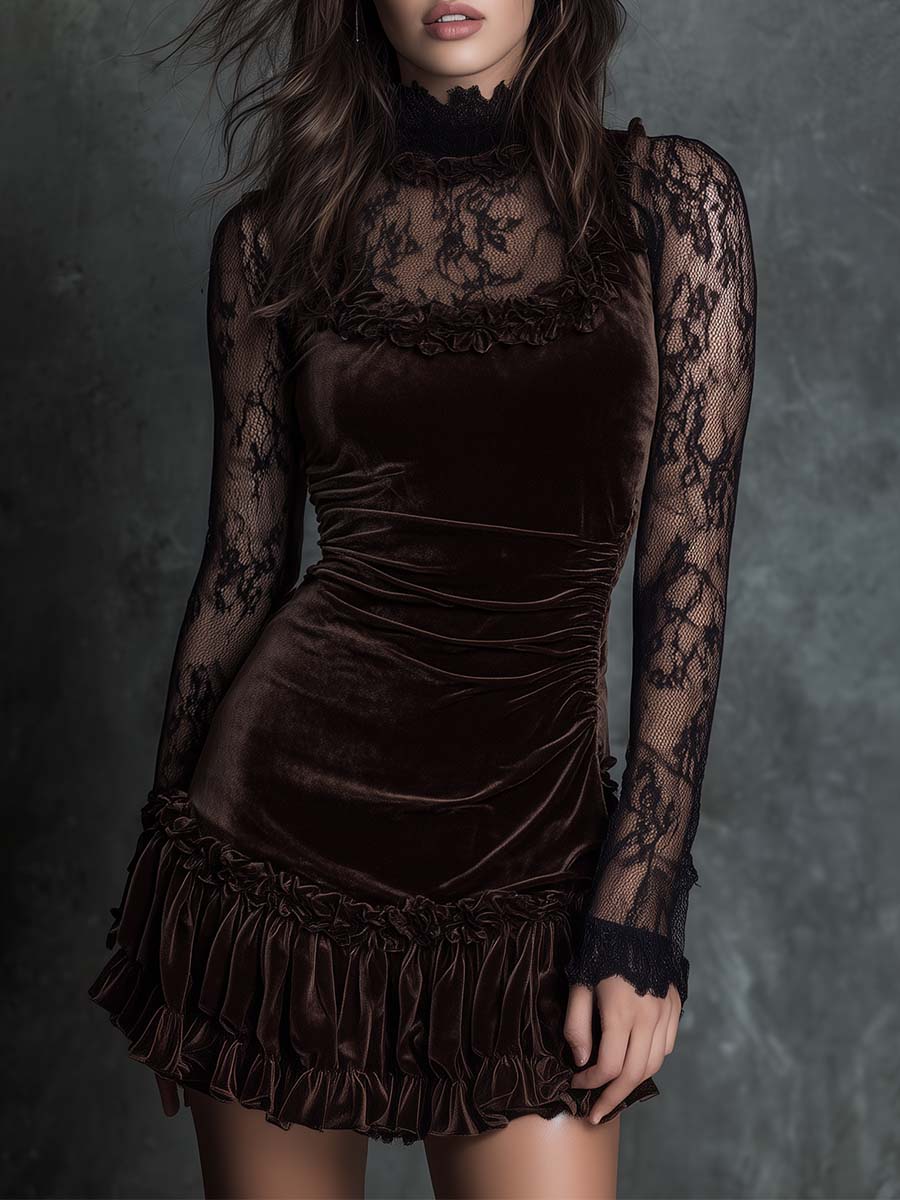 Chocolate Goth Pleated Mini Dress in Velvety Lace