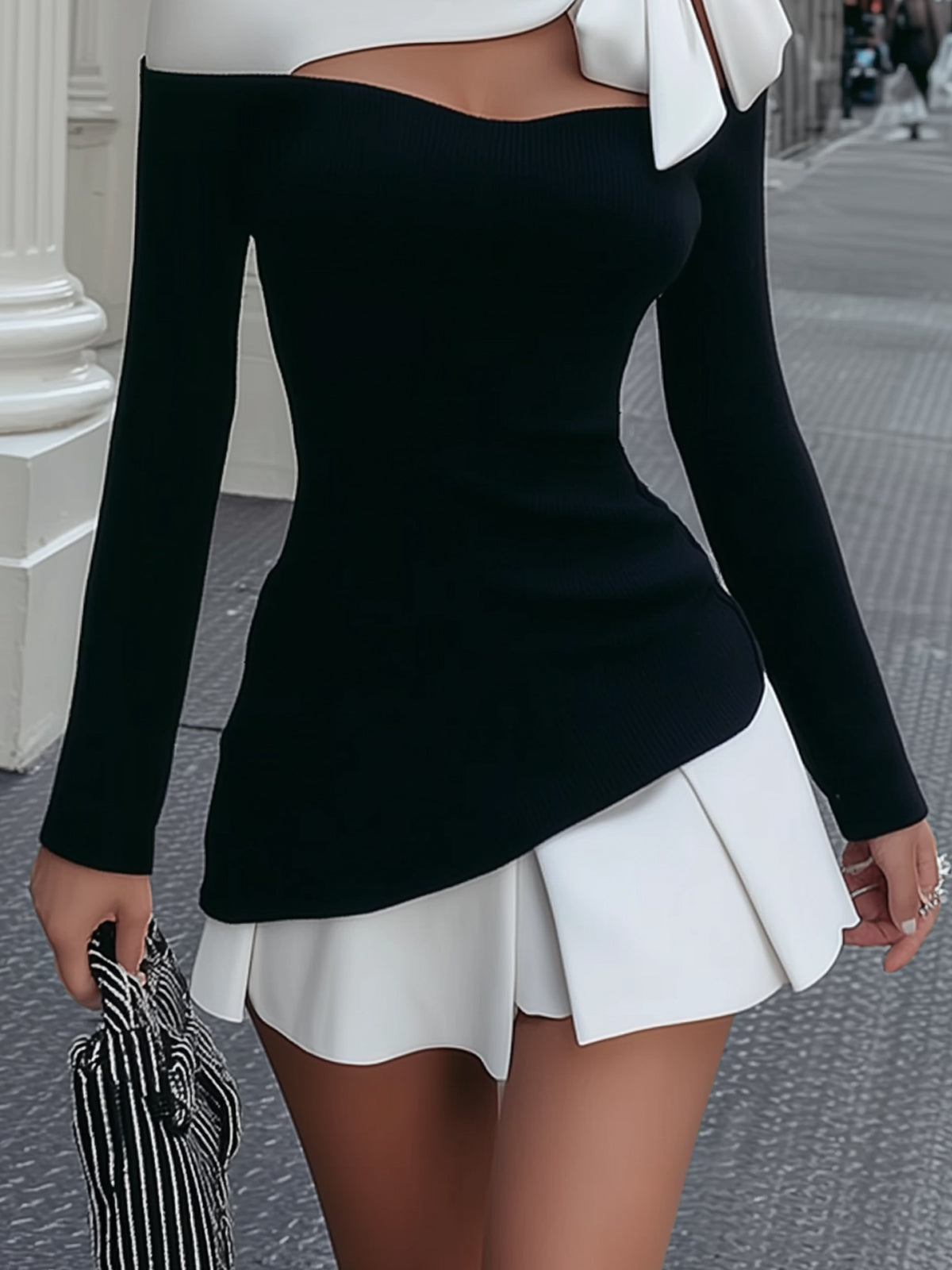 Mini Dress with Straps and Sewn Bow in Black and White