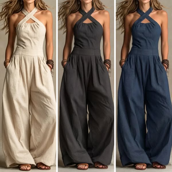 Bianca | Linen and Cotton Jumpsuit with Elegant Cross Neckline
