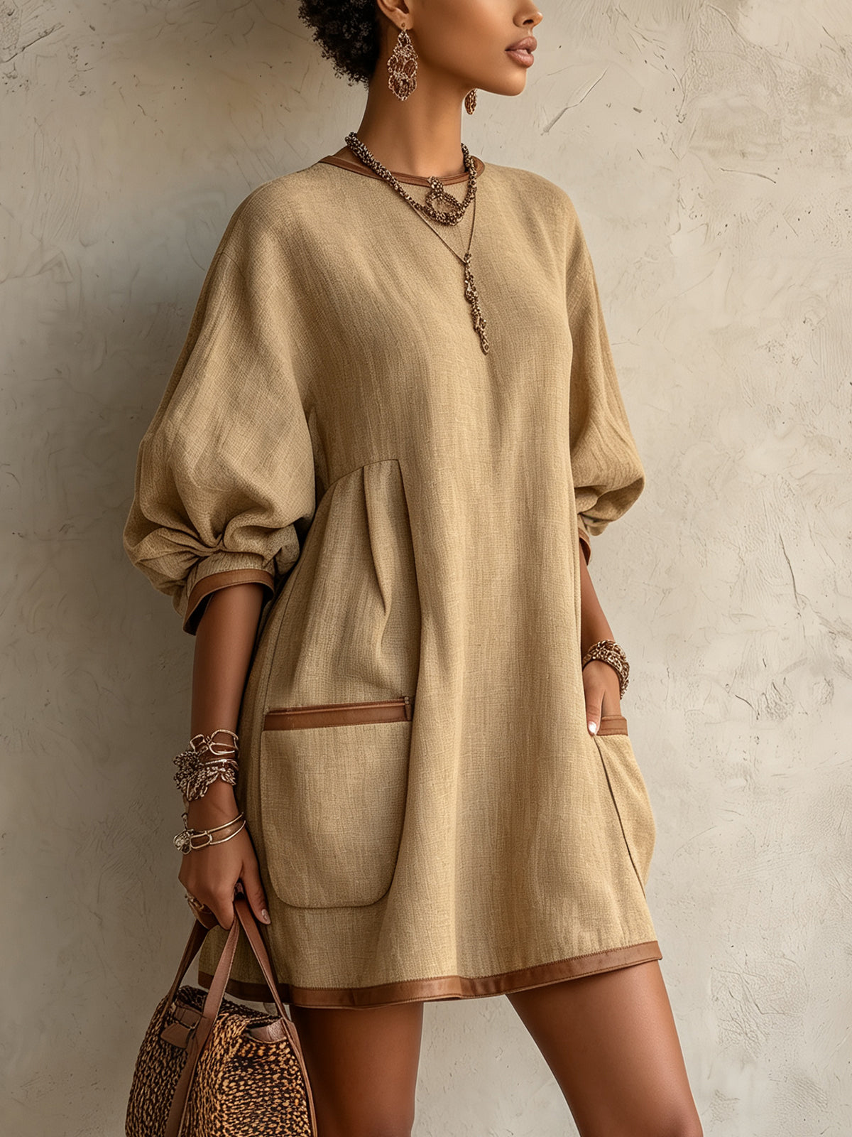 Khaki Linen Oversized Mini Dress with Balloon Sleeves and Pockets