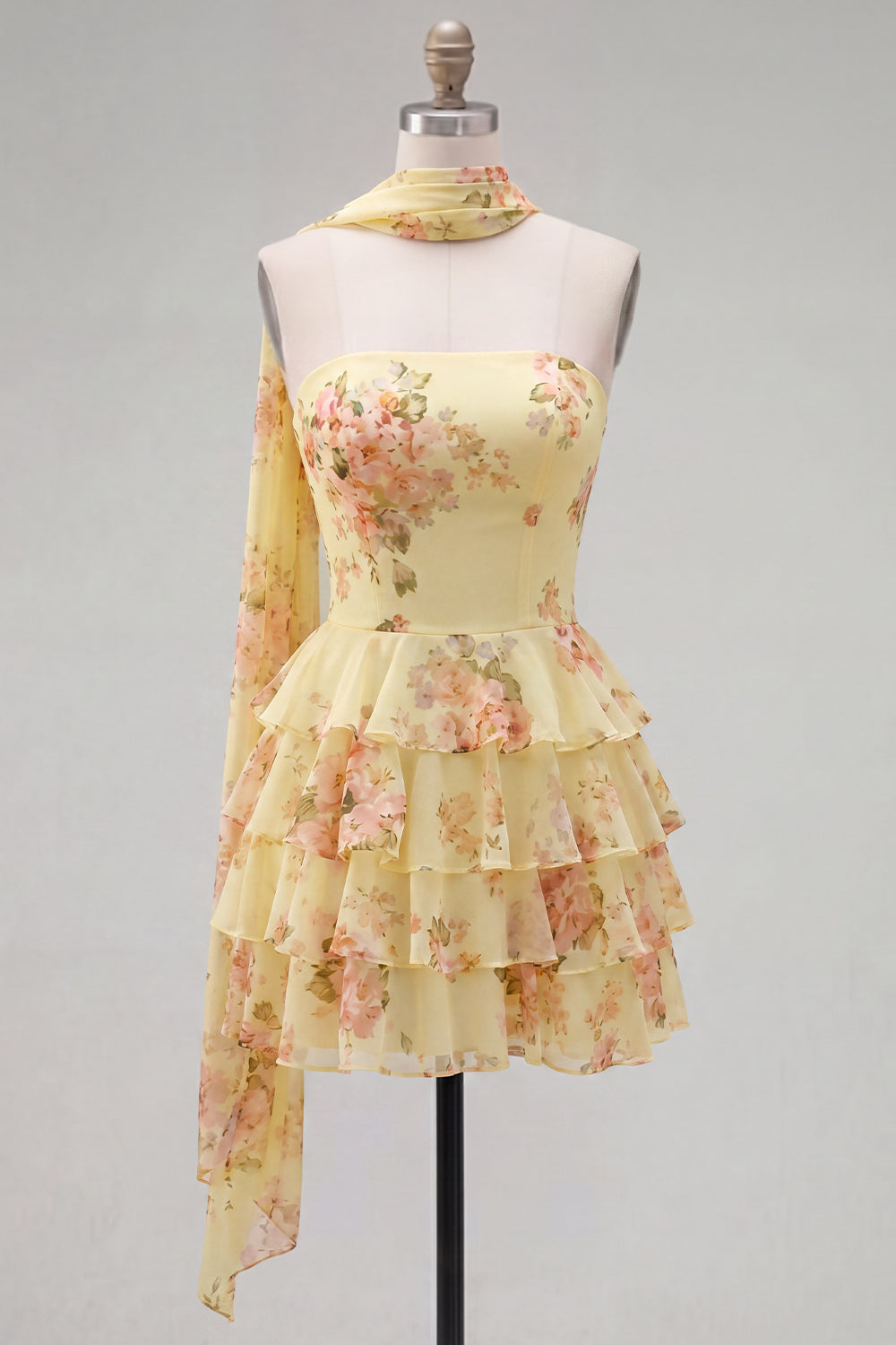 Yellow Floral A-Line Strapless Dress with Chiffon Scarf