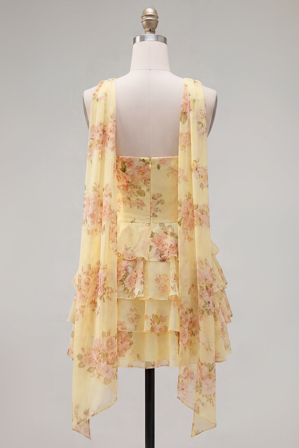 Yellow Floral A-Line Strapless Dress with Chiffon Scarf