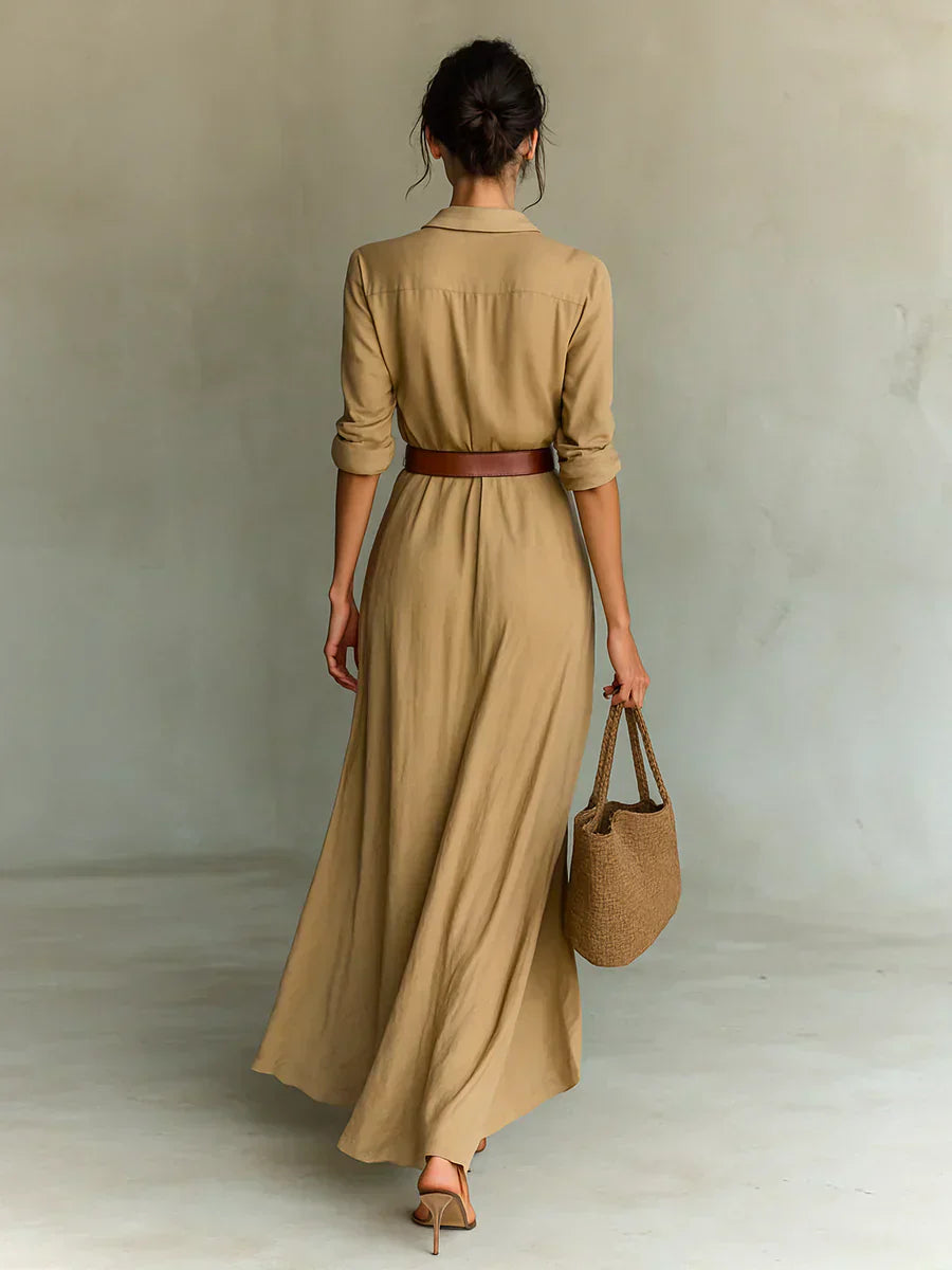 Camille™ | Maxi Dress with Lapel and Waist Belt