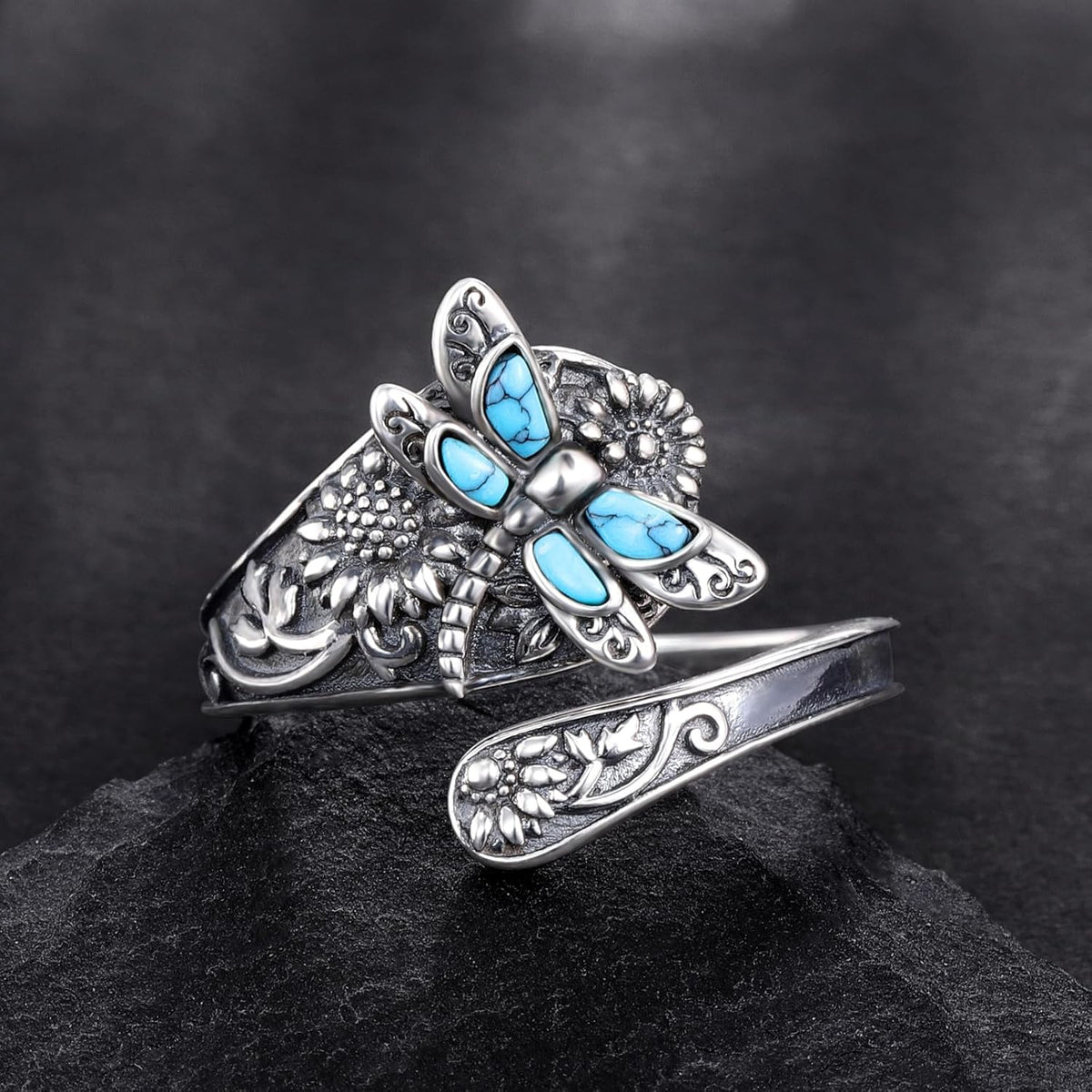 Sterling Silver Turquoise Spoon Ring – Vintage Boho Wrap Ring with Dragonfly