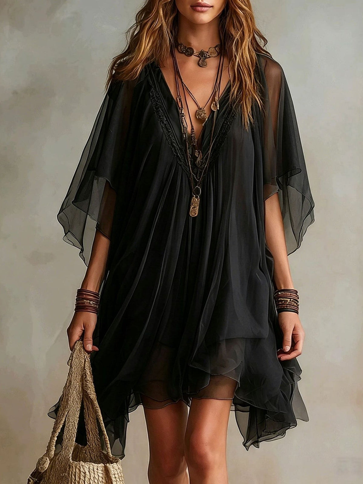 Mini Flowy Chiffon Dress in Green with V-Neck