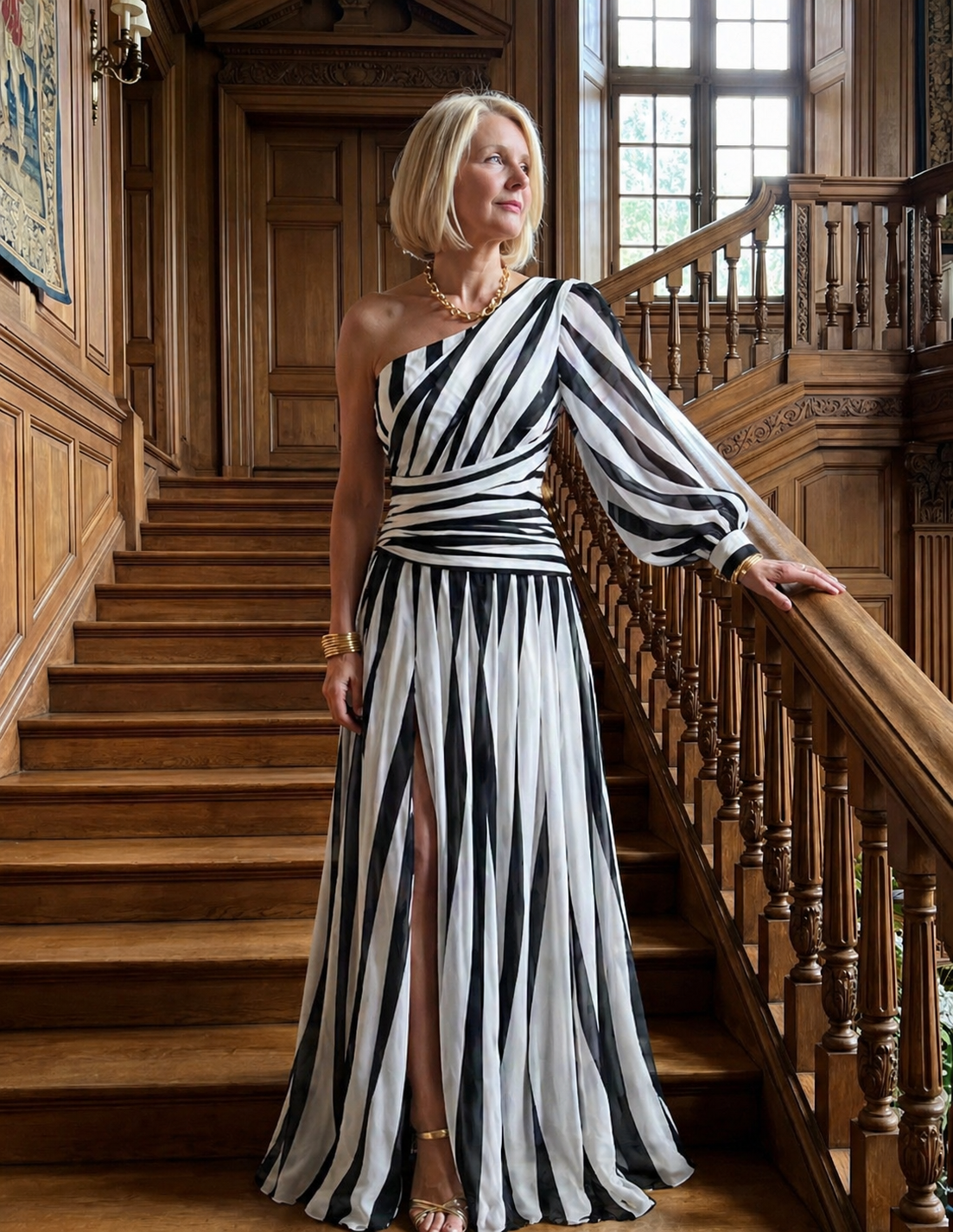 Hayes & Tate™ | Elegant Striped Maxi Dress with One Shoulder