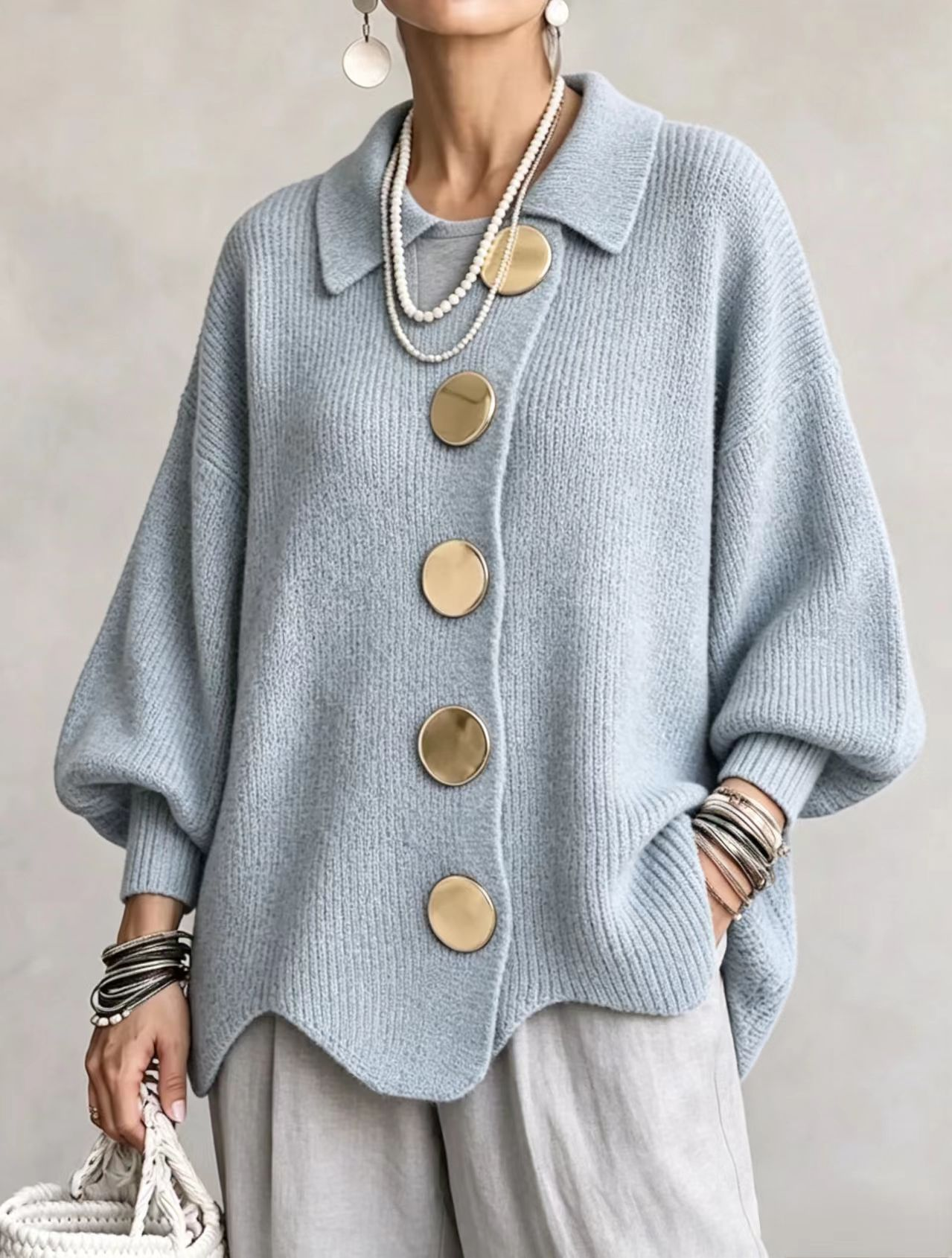 Isadora™ | Oversized Collared Cardigan With Large Metal Buttons