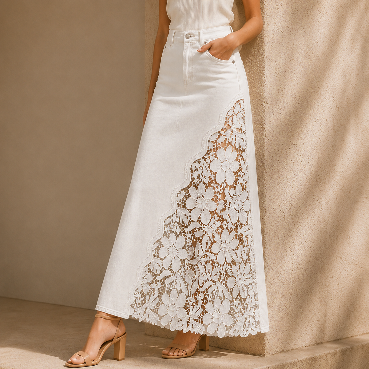 Maren Lace Denim Maxi Skirt