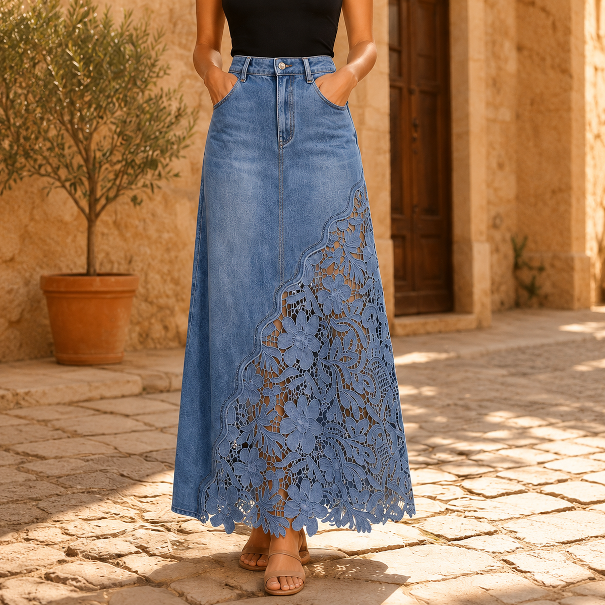 Maren Lace Denim Maxi Skirt