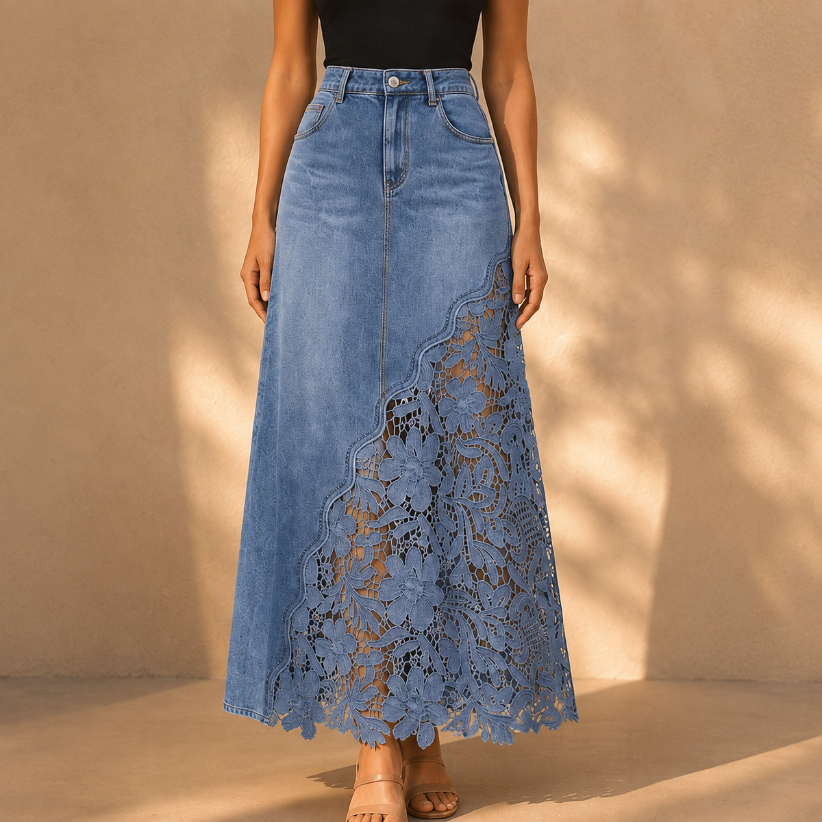 Maren Lace Denim Maxi Skirt