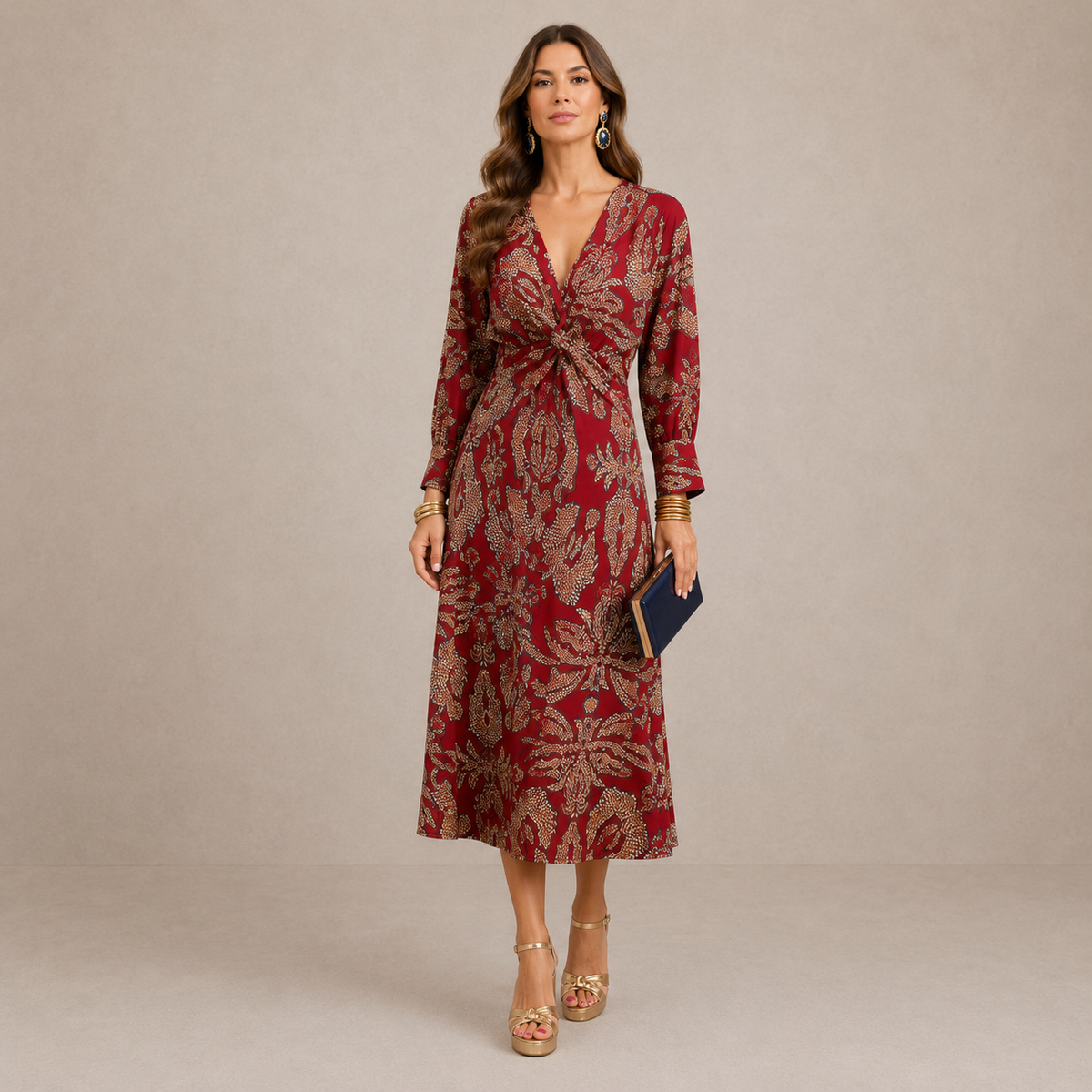 ELVENA™ | V-Neck Tie-Waist Midi Dress