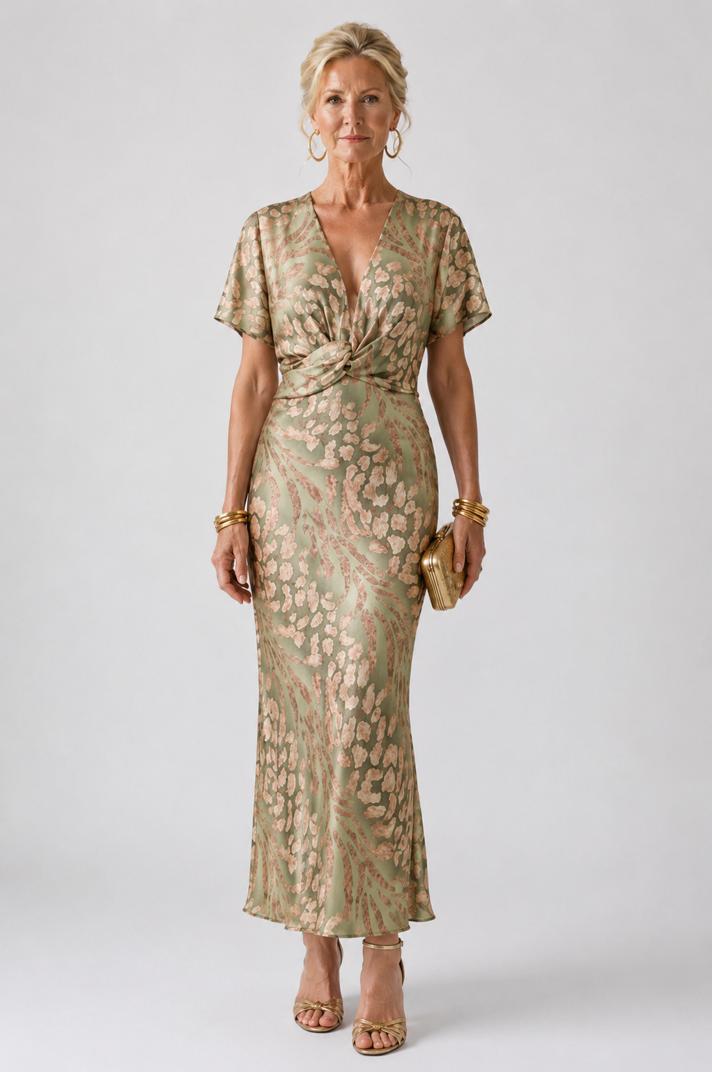 Hayes & Tate™ | Abstract Print V Neck Twist Waist Midi Dress
