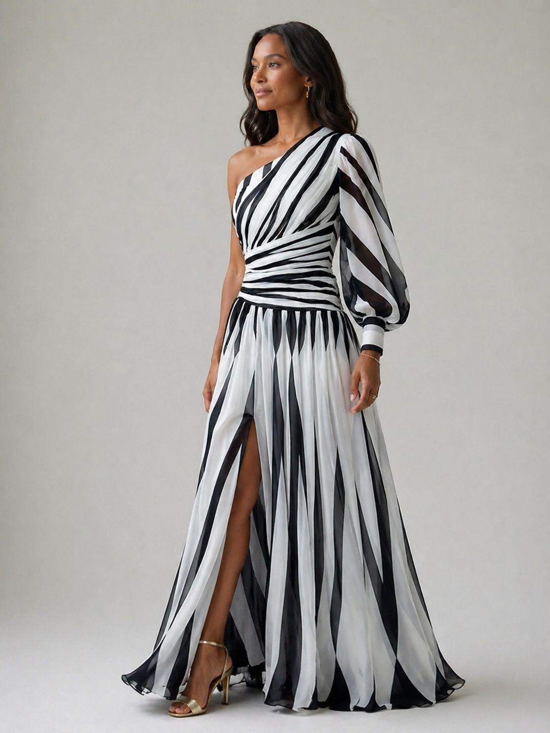 Hayes & Tate™ | Elegant Striped Maxi Dress with One Shoulder