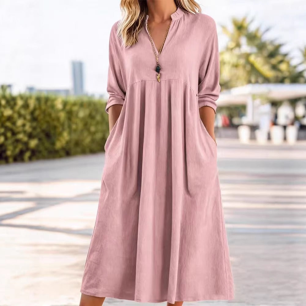 Amber | Elegant Linen Midi Dress with Pockets