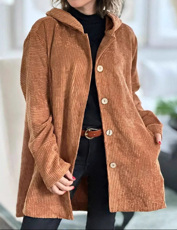 Harper | Hooded Ribbed Corduroy Button-Up Jacket